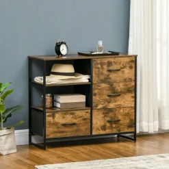 Aparador Évora Homcom 4 cajones de tela + 2 estantes marrón oscuro 71,5x84x30 cm