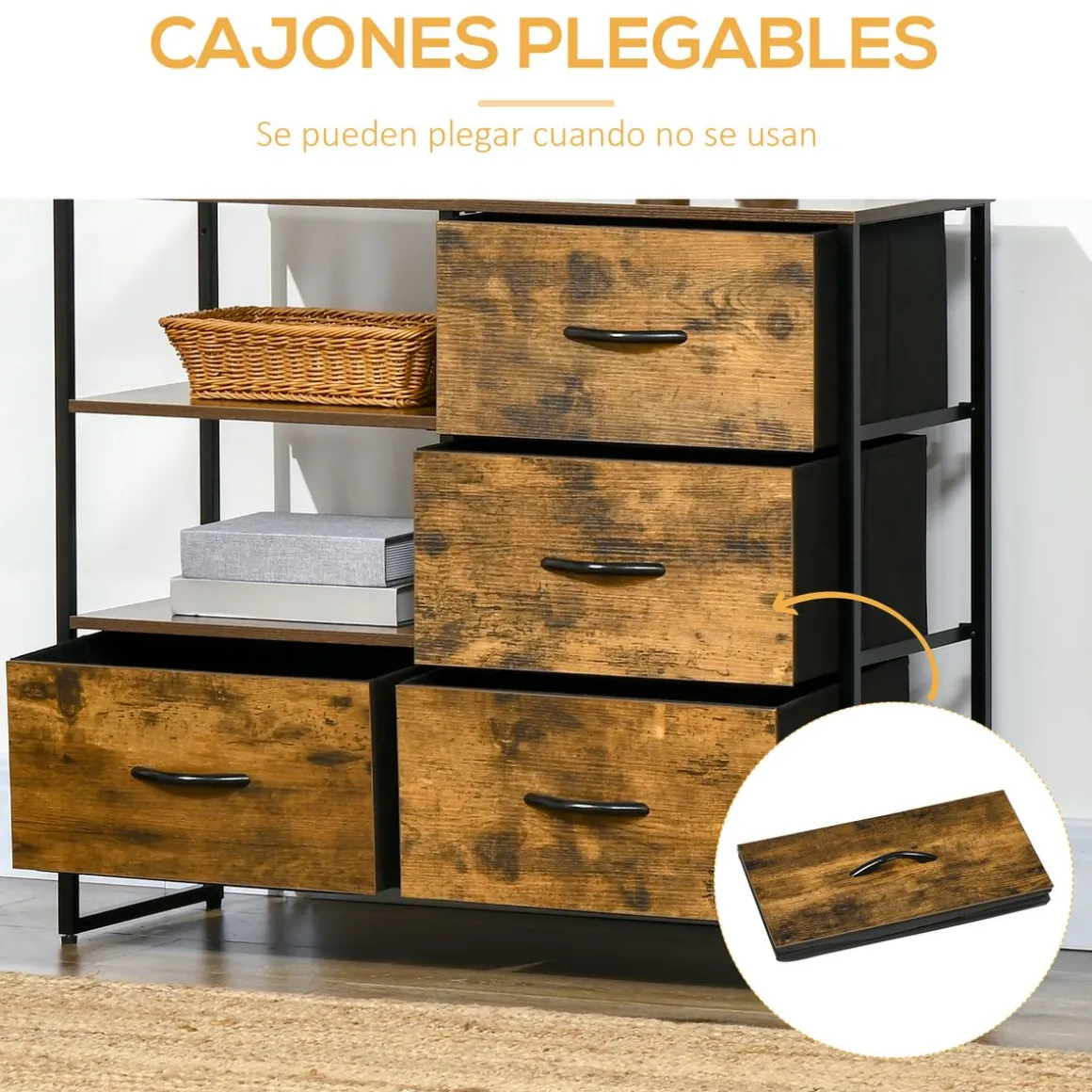 Aparador Évora Homcom 4 cajones de tela + 2 estantes marrón oscuro 71,5x84x30 cm
