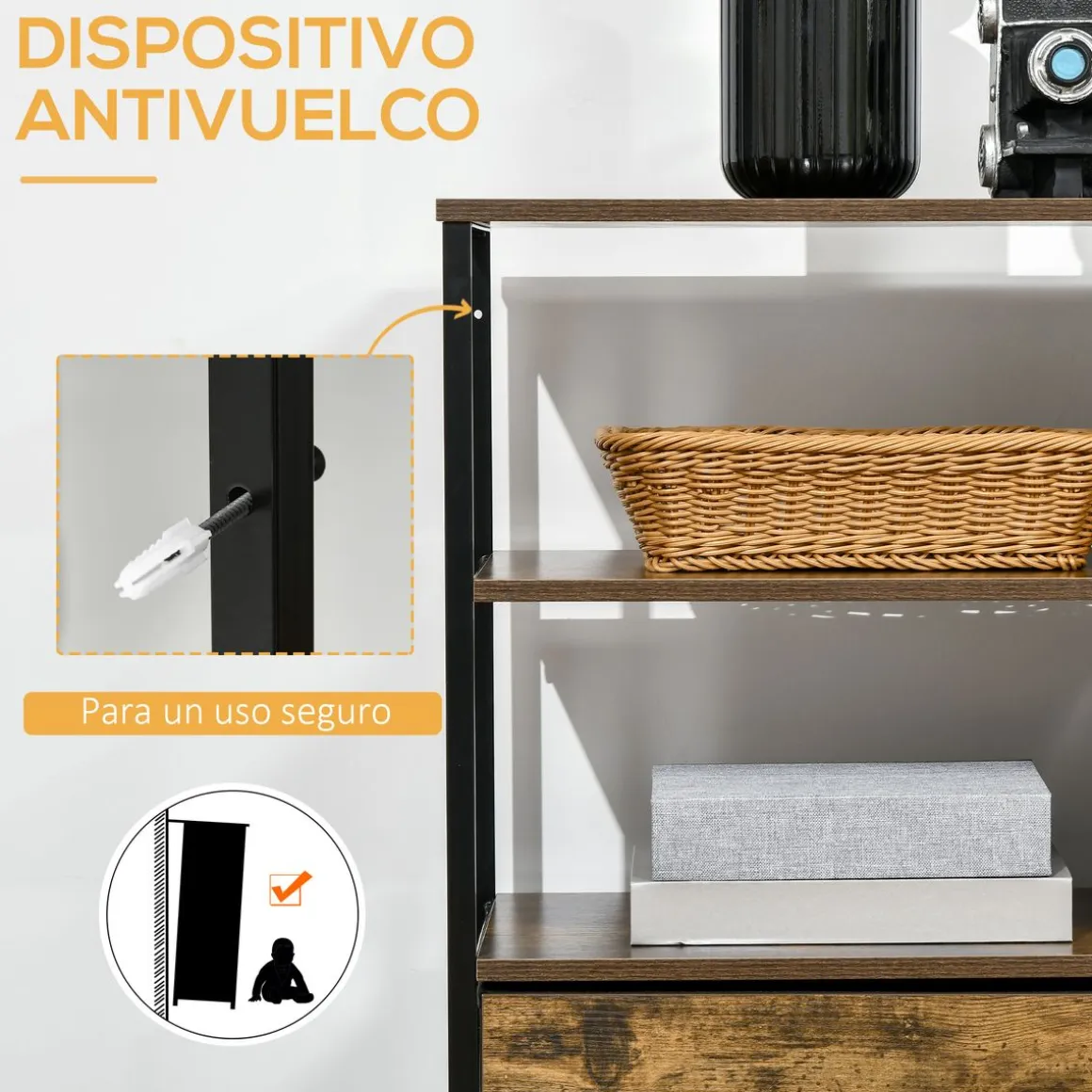 Aparador Évora Homcom 4 cajones de tela + 2 estantes marrón oscuro 71,5x84x30 cm