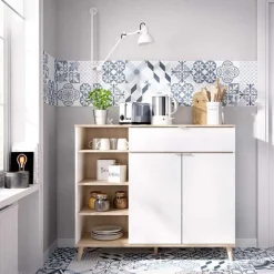 Aparador Wok 4 compartimentos con 2 cajones y 2 puertas blanco/natural 102x120x40 cm