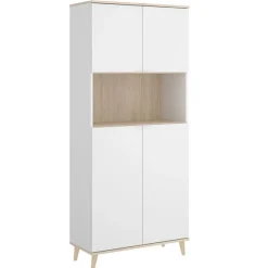 Aparador Wok 4 puertas con compartimento abierto blanco/natural 189x80x40 cm