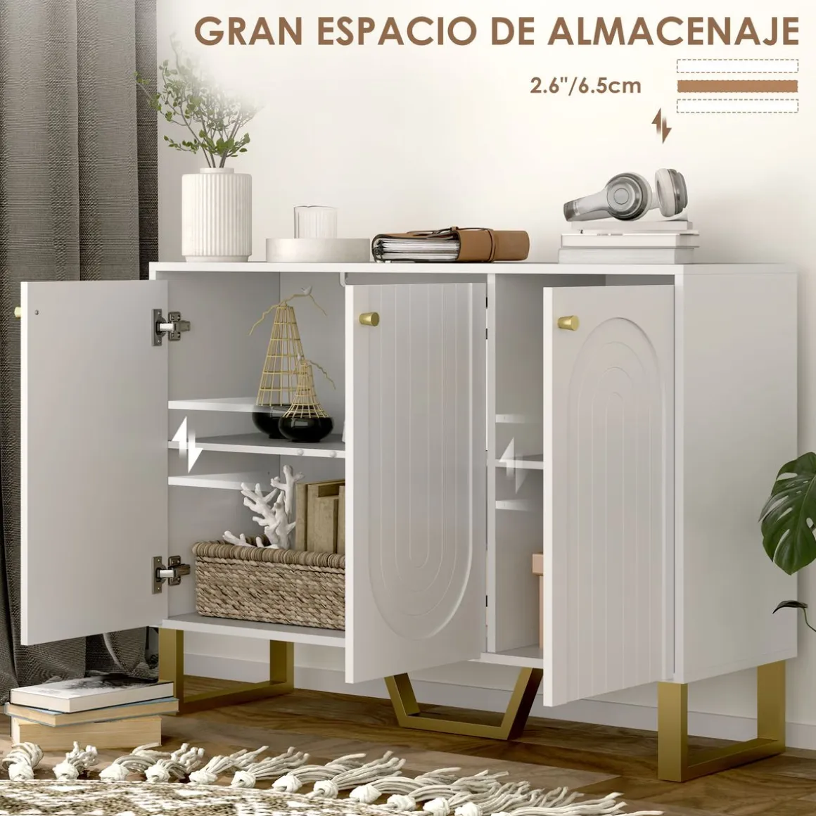 Aparador Yhulia Homcom 3 puertas blanco/dorado 77,5x106,5x35 cm