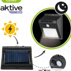 Aplique solar Aktive 8 LED sensor de movimiento negro 12,4x9,5x5 cm