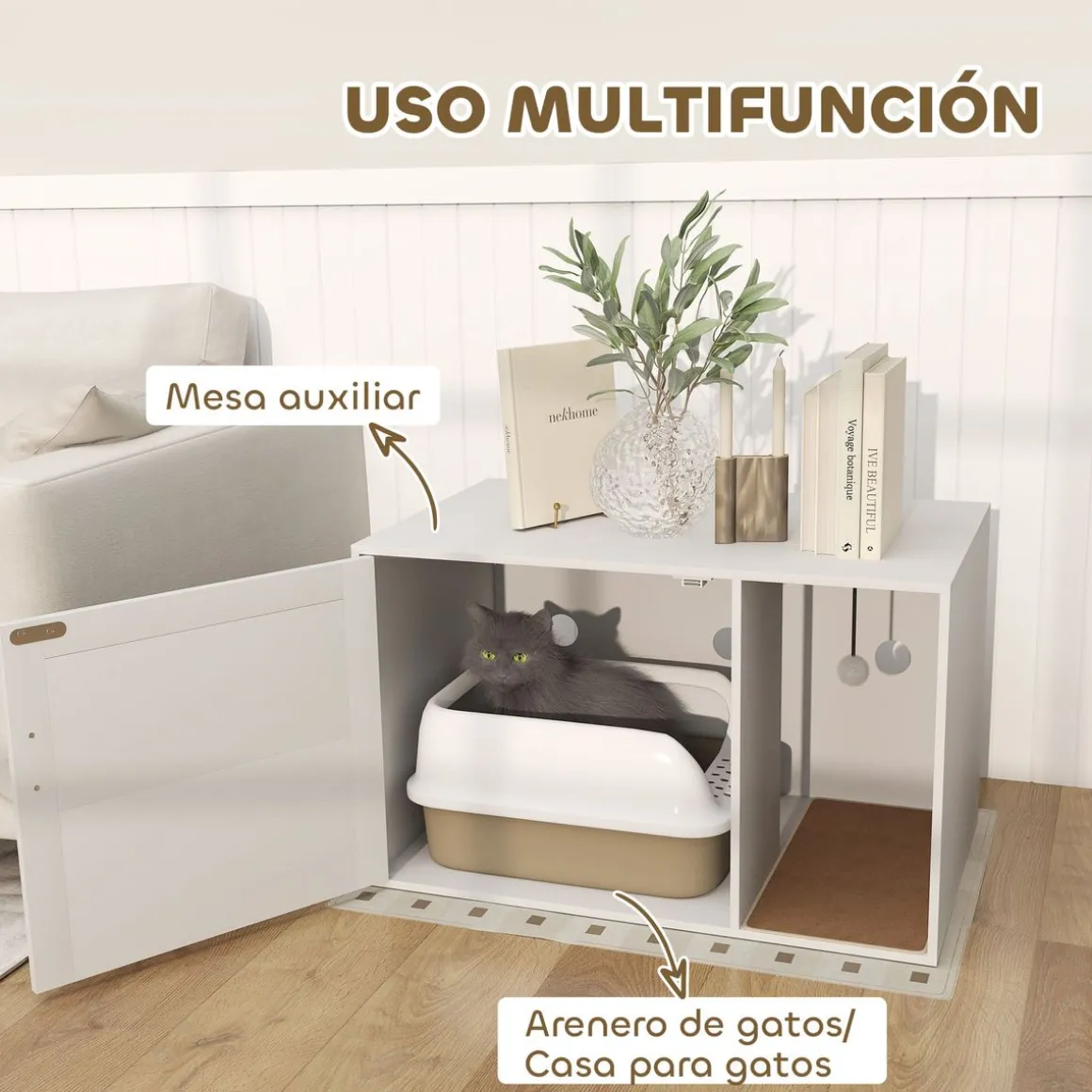 Arenero Gummy PawHut con puerta y rascador blanco/natural 50x80x50 cm