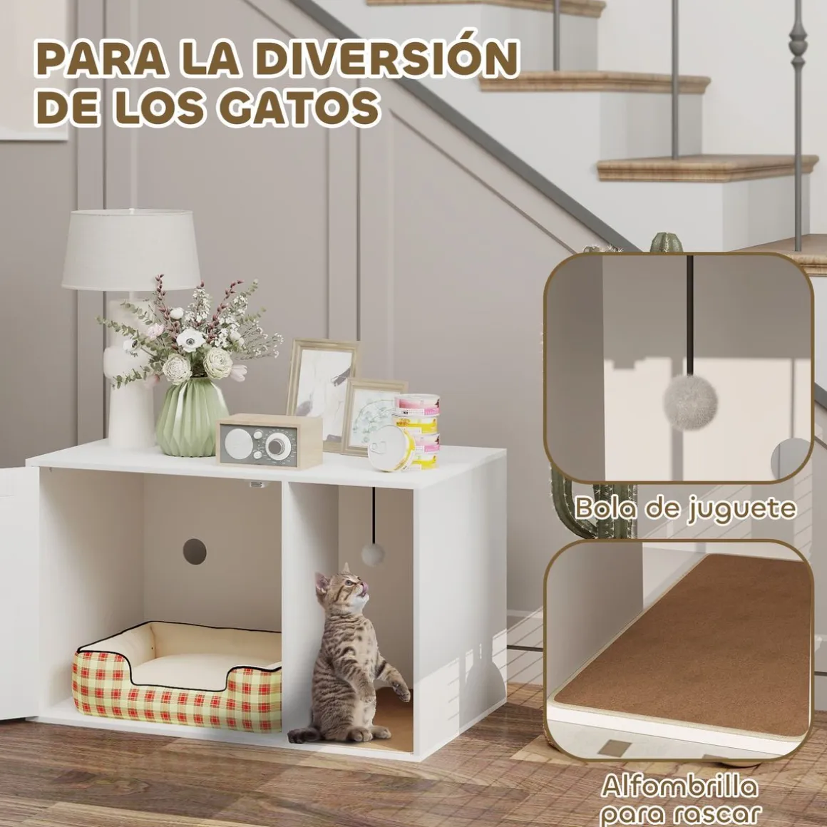 Arenero Gummy PawHut con puerta y rascador blanco/natural 50x80x50 cm
