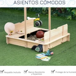 Arenero infantil Outsunny con toldo ajustable +3A natural 121x106x106 cm