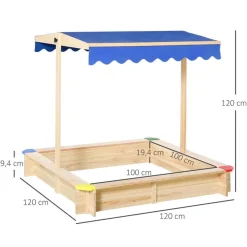 Arenero infantil Outsunny con toldo ajustable +3A azul 120x120x120 cm