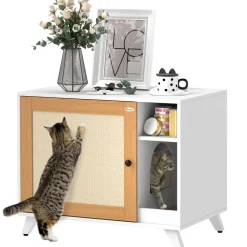 Arenero MisMiss PawHut con puerta de sisal y compartimento blanco/natural 63x77x50 cm