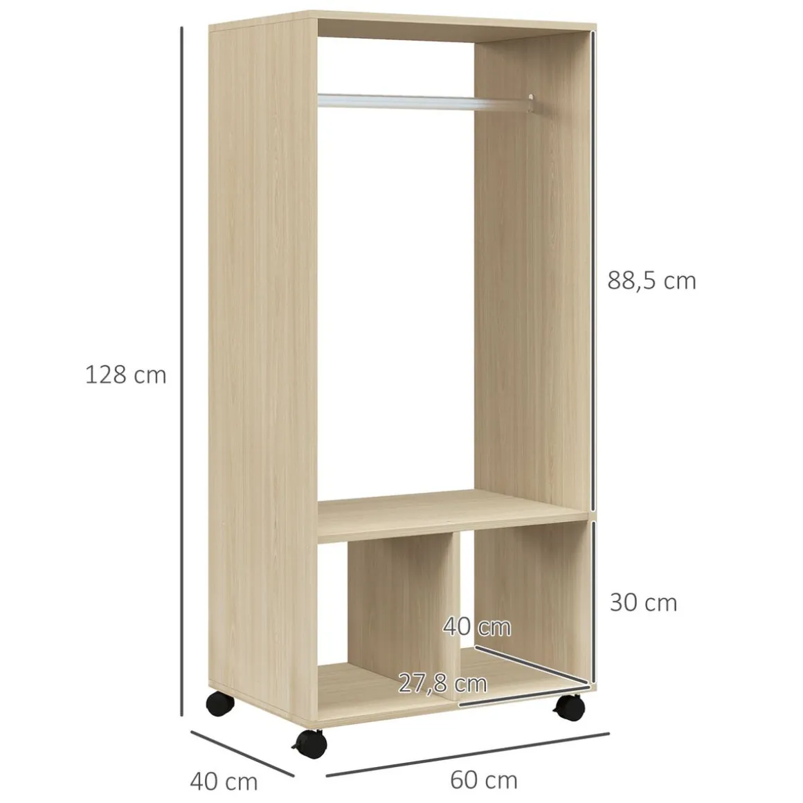 Armario abierto Kirk Homcom 1 barra + 2 estantes + ruedas 128x60x40 cm