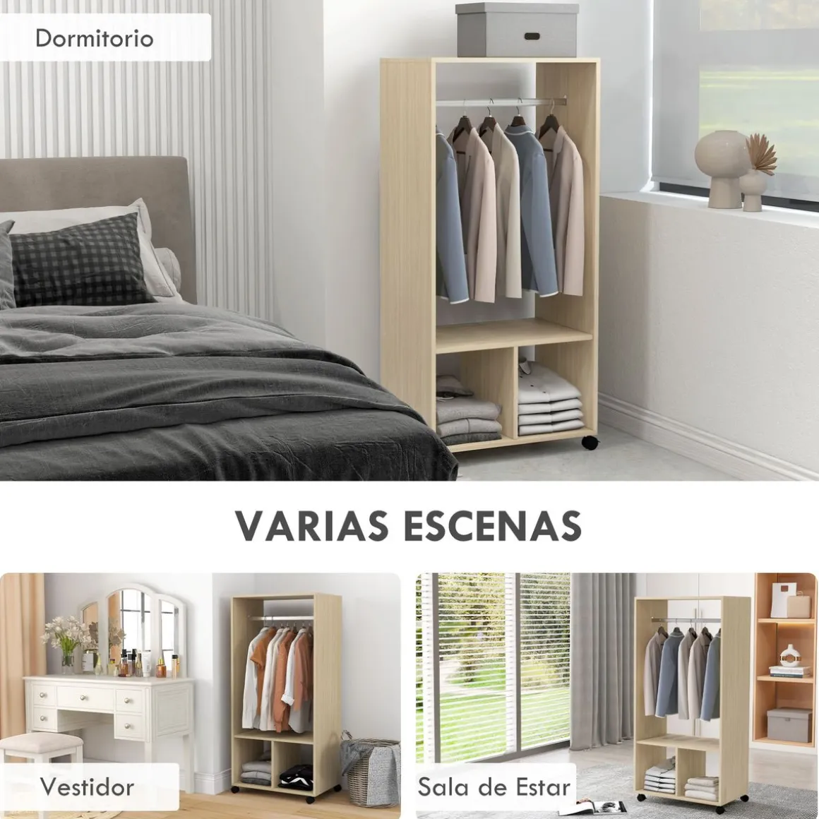 Armario abierto Kirk Homcom 1 barra + 2 estantes + ruedas 128x60x40 cm