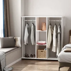 Armario abierto Nova Homcom 3 estantes + 2 barras + ruedas blanco 128x120x40cm