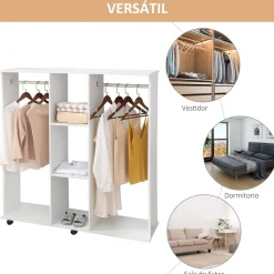 Armario abierto Nova Homcom 3 estantes + 2 barras + ruedas blanco 128x120x40cm