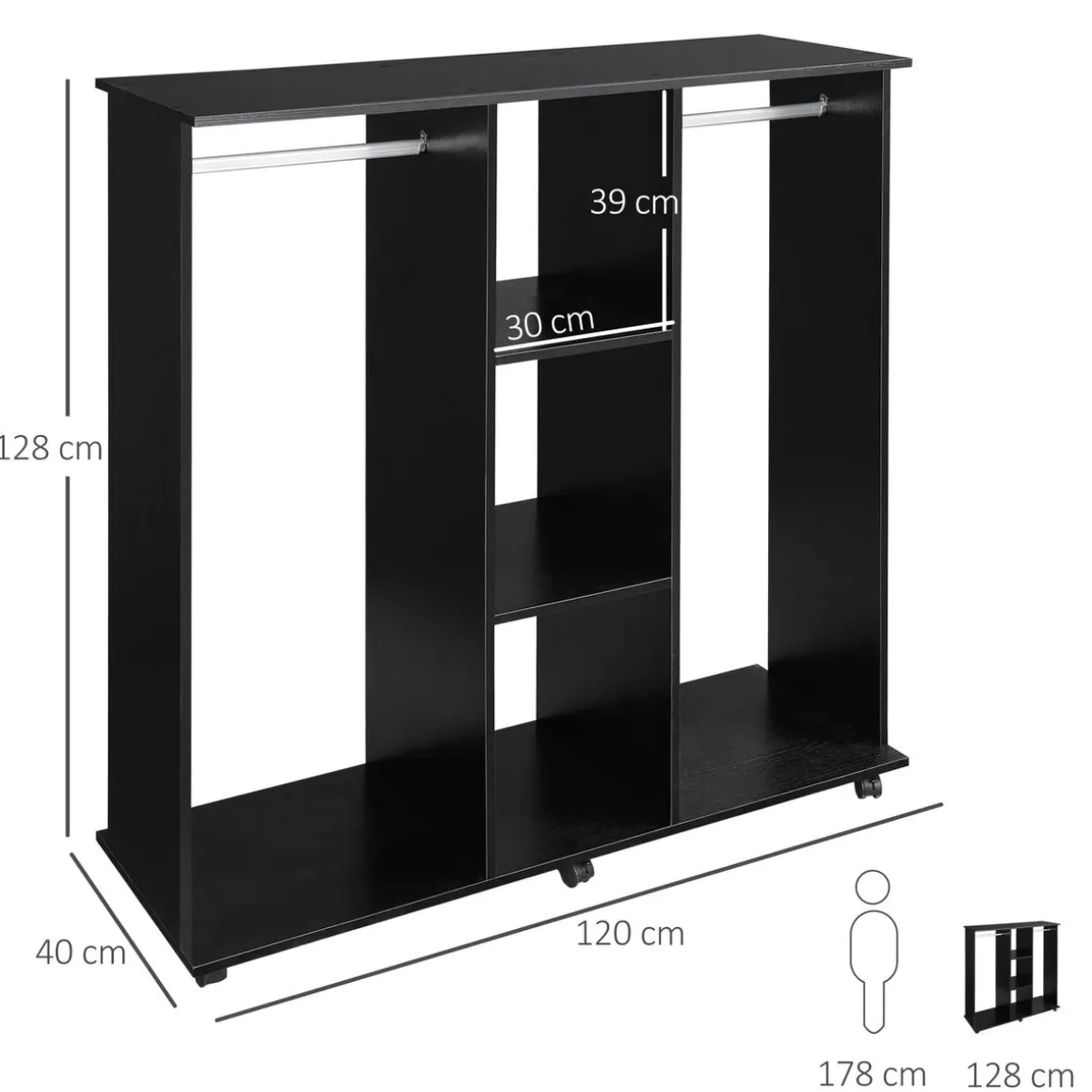 Armario abierto Valentín Homcom 2 barras + 3 estantes + ruedas negro 128x120x40 cm