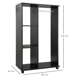 Armario abierto Zayn Homcom 1 barra + 3 estantes + ruedas negro 128x80x40 cm