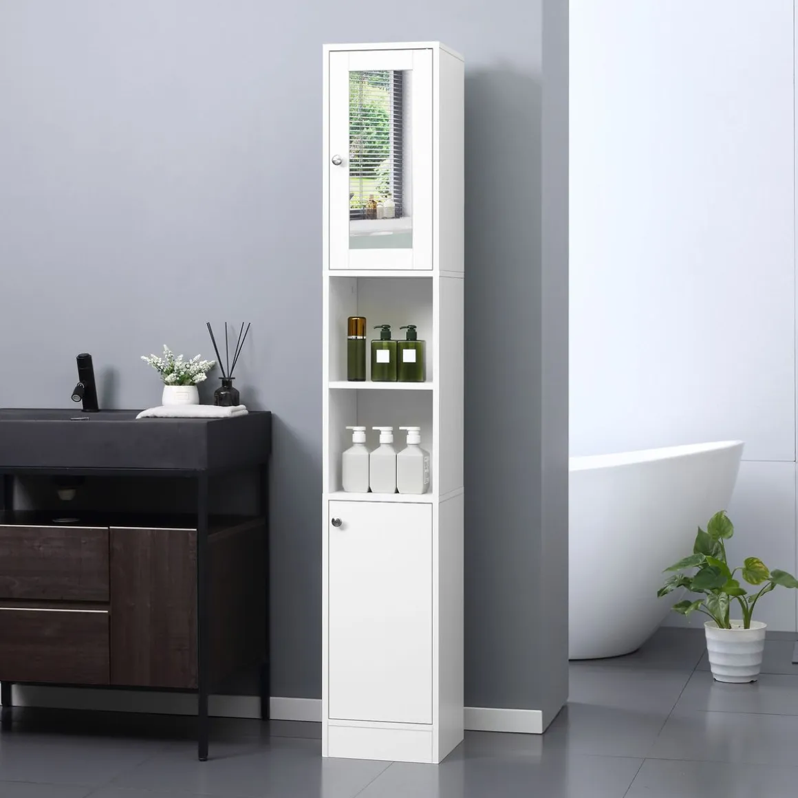 Armario alto de baño Onnie Kleankin 2 estantes + 2 puertas blanco 180x30x28 cm