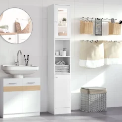 Armario alto de baño Onnie Kleankin 2 estantes + 2 puertas blanco 180x30x28 cm