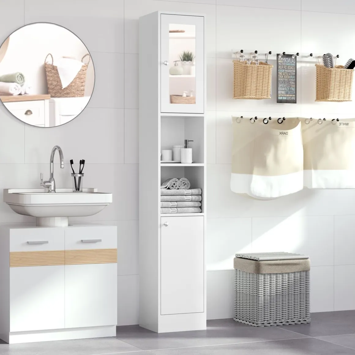 Armario alto de baño Onnie Kleankin 2 estantes + 2 puertas blanco 180x30x28 cm