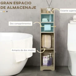 Armario alto Kleankin con estantería ajustable + portarrollos gris 100x23x18 cm