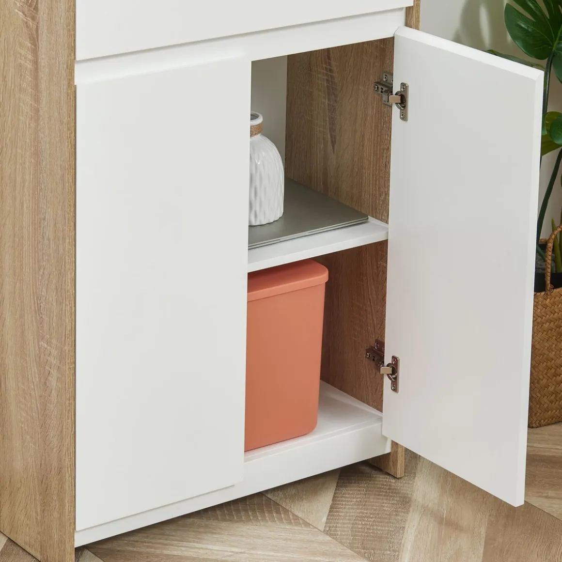 Armario auxiliar Menta Kleankin 1 cajón + armario blanco/natural 90x60x30 cm