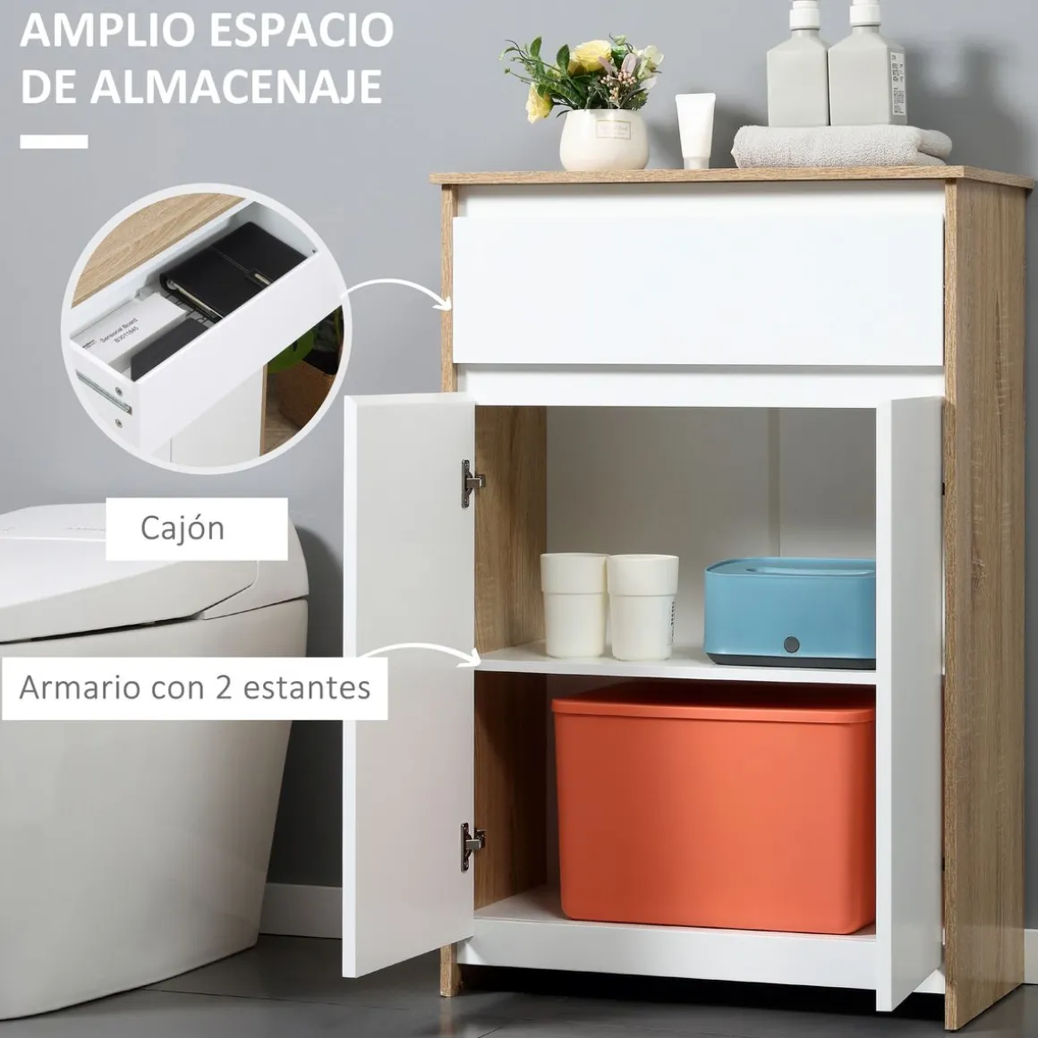 Armario auxiliar Menta Kleankin 1 cajón + armario blanco/natural 90x60x30 cm