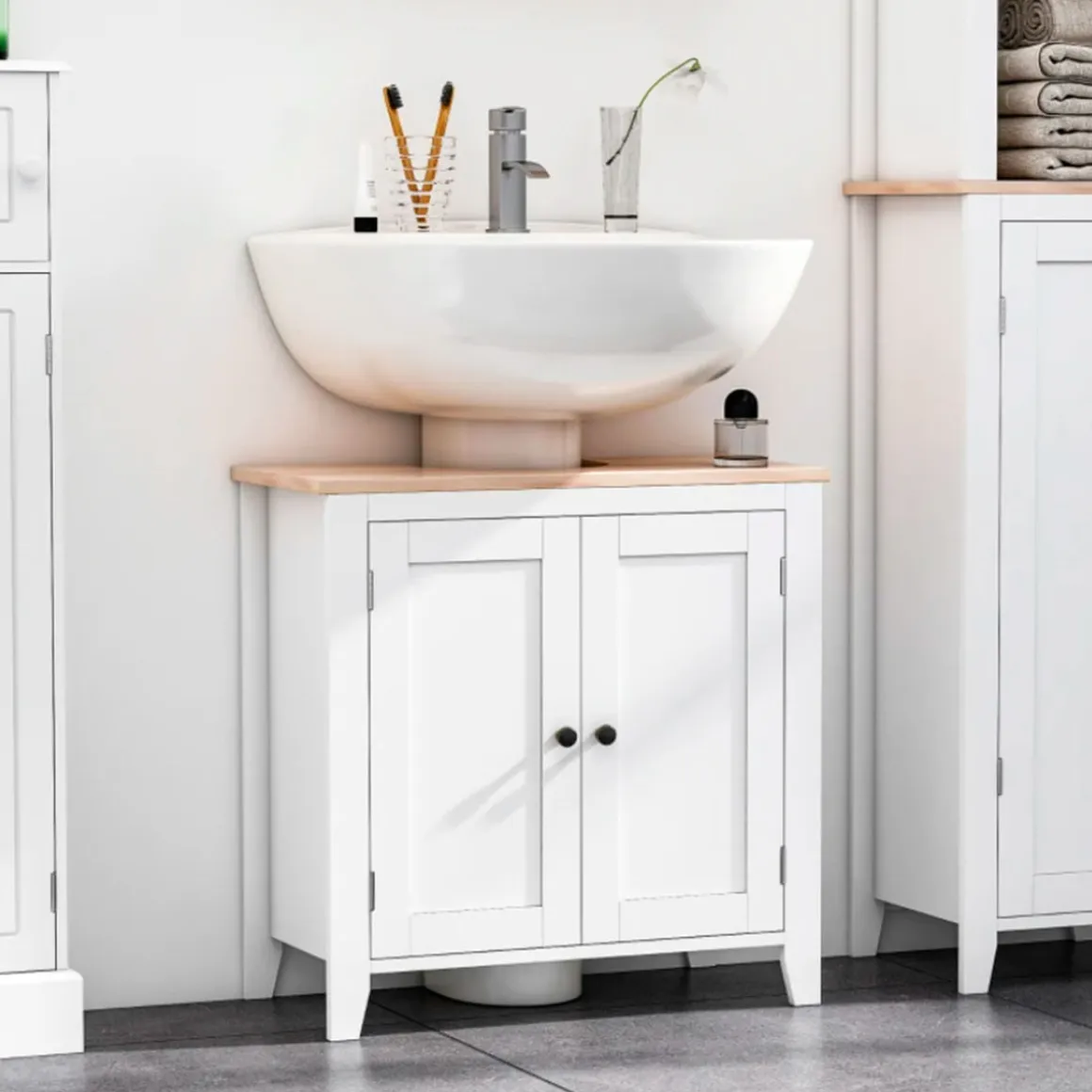 Armario bajo para baño Kleankin 2 puertas + estante ajustable blanco 60x60x30 cm