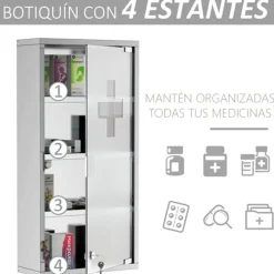 Armario botiquín Homcom 4 niveles acero inox 60x30x12 cm