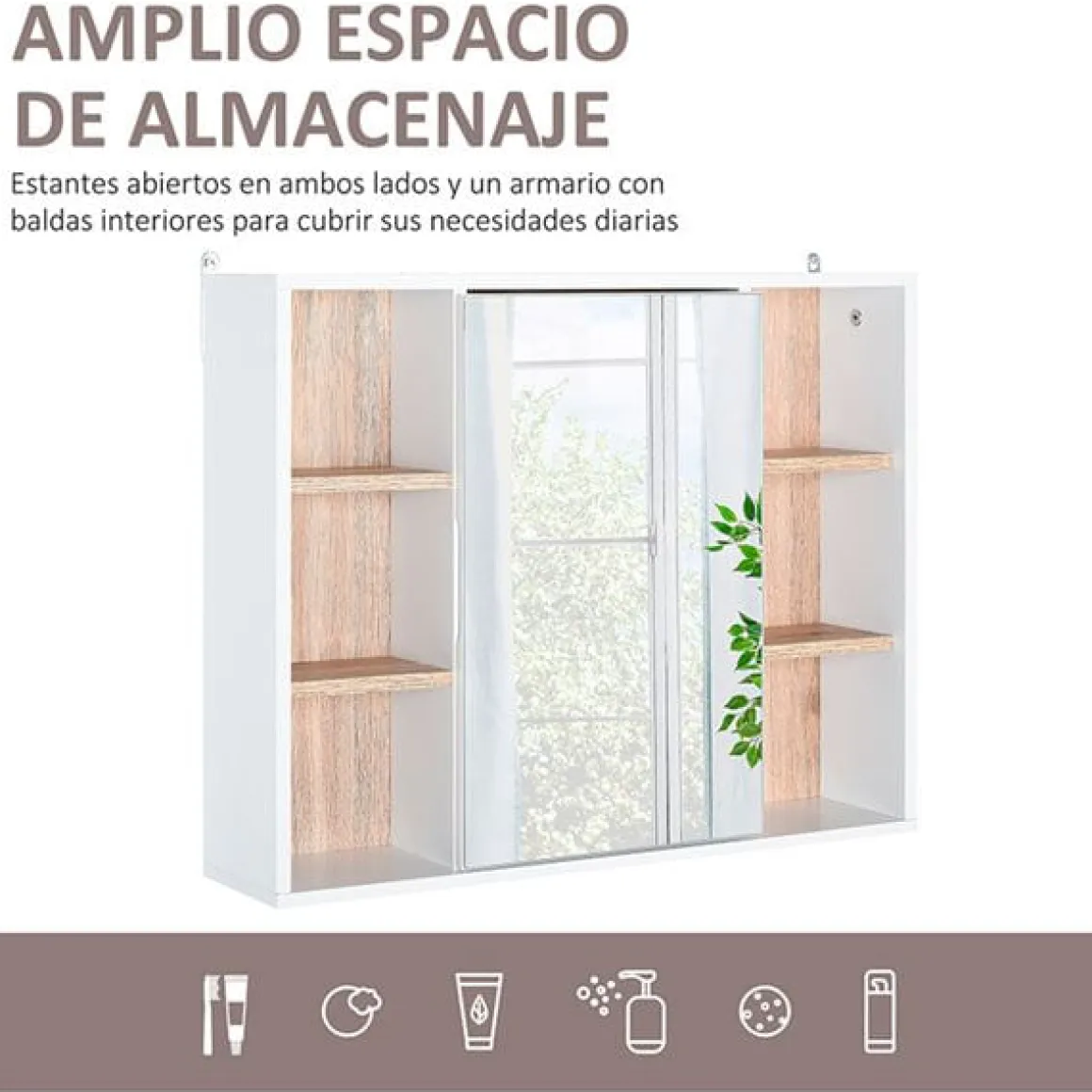 Armario con espejo de baño blanco y roble 60x14,5x49,4 cm