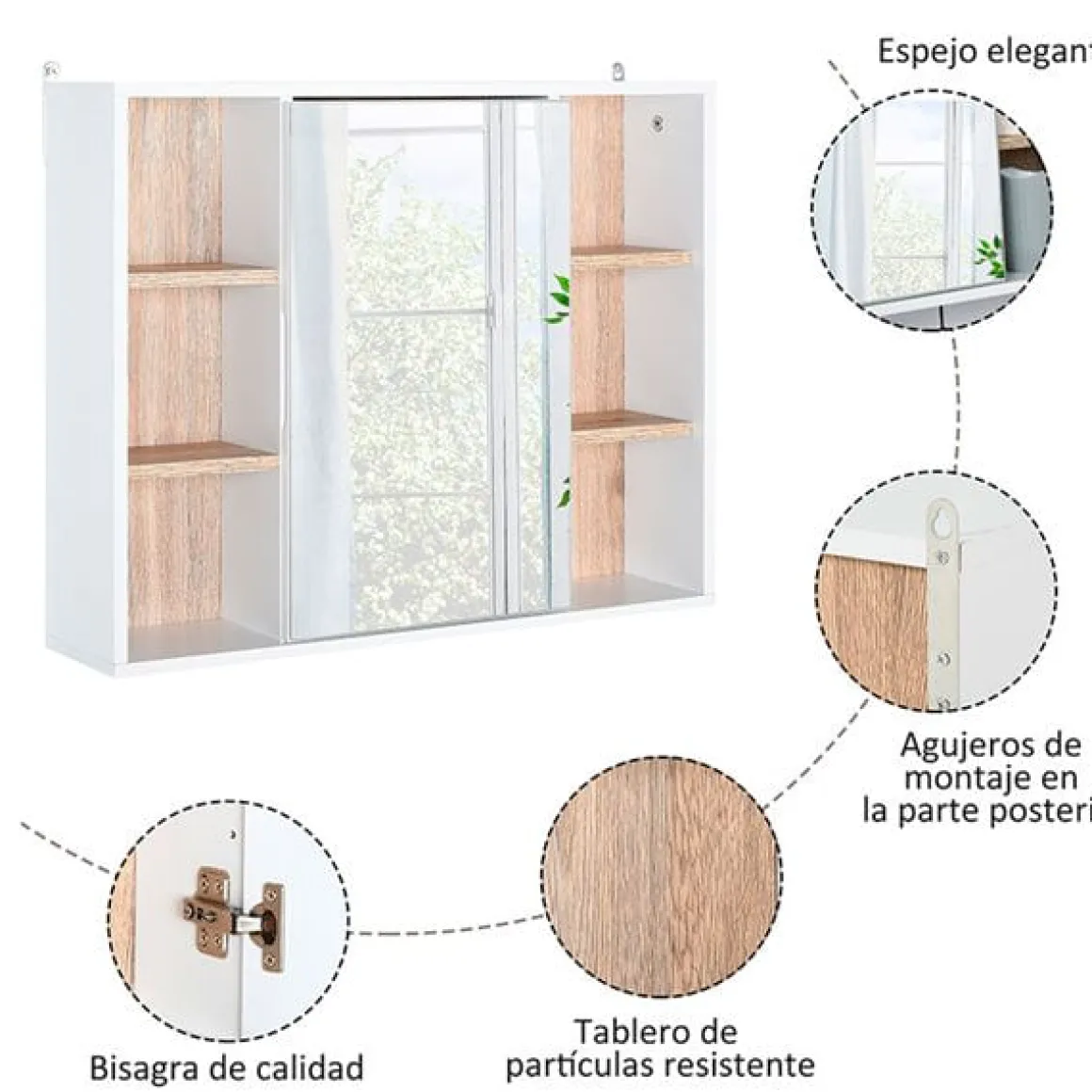 Armario con espejo de baño blanco y roble 60x14,5x49,4 cm