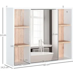 Armario con espejo de baño blanco y roble 60x14,5x49,4 cm