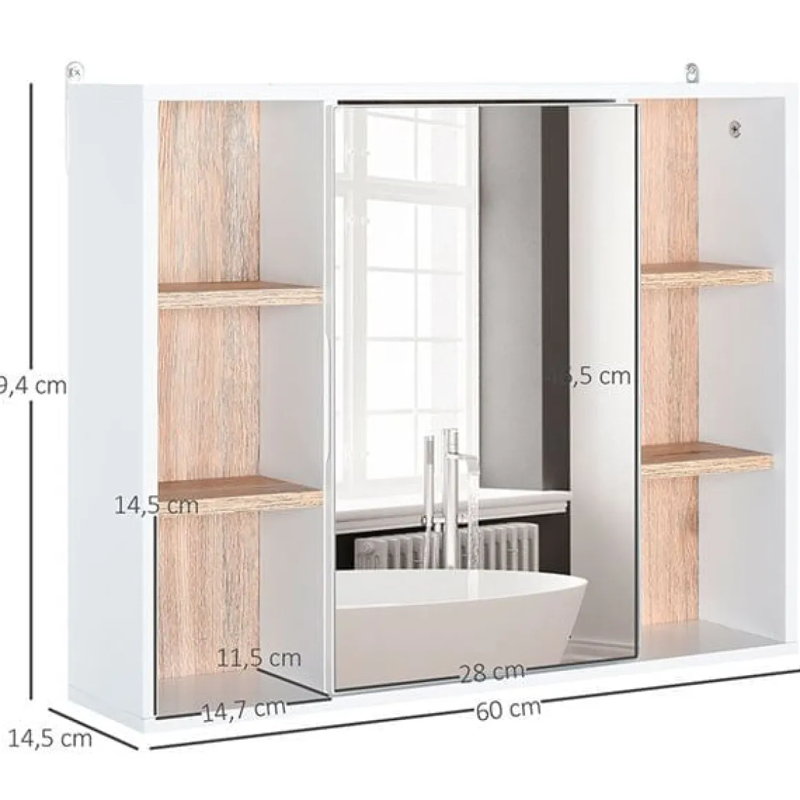 Armario con espejo de baño blanco y roble 60x14,5x49,4 cm