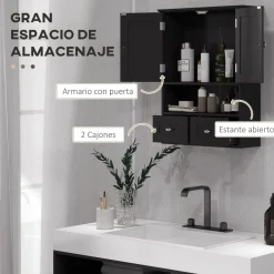 Armario de baño Bosque Kleankin doble puerta con compartimento negro 66x50,8x17,8 cm