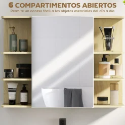 Armario de baño Celeste Homcom 1 puerta espejo 6 estantes abiertos natural 59x20x80 cm