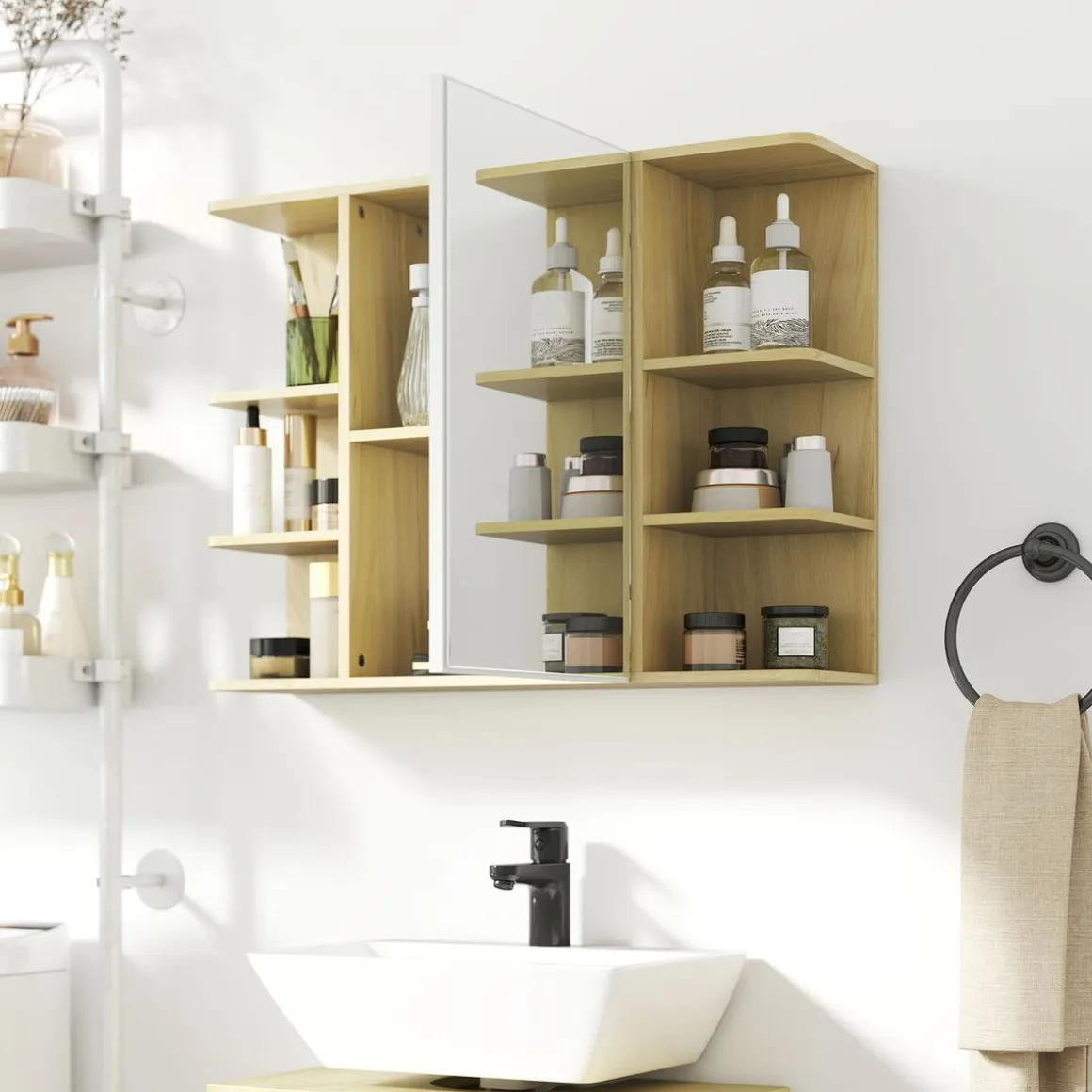 Armario de baño Celeste Homcom 1 puerta espejo 6 estantes abiertos natural 59x20x80 cm