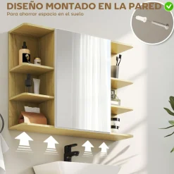 Armario de baño Celeste Homcom 1 puerta espejo 6 estantes abiertos natural 59x20x80 cm