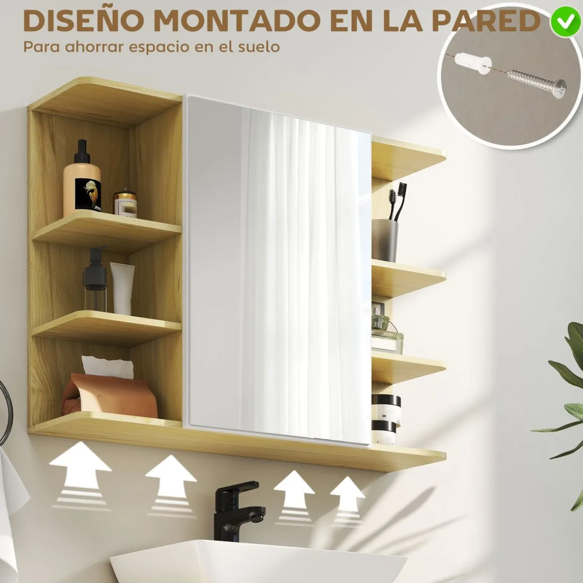 Armario de baño Celeste Homcom 1 puerta espejo 6 estantes abiertos natural 59x20x80 cm