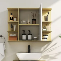 Armario de baño Celeste Homcom 1 puerta espejo 6 estantes abiertos natural 59x20x80 cm