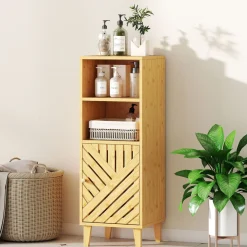 Armario de baño Índico Homcom con puerta y estante natural 90x32x30 cm