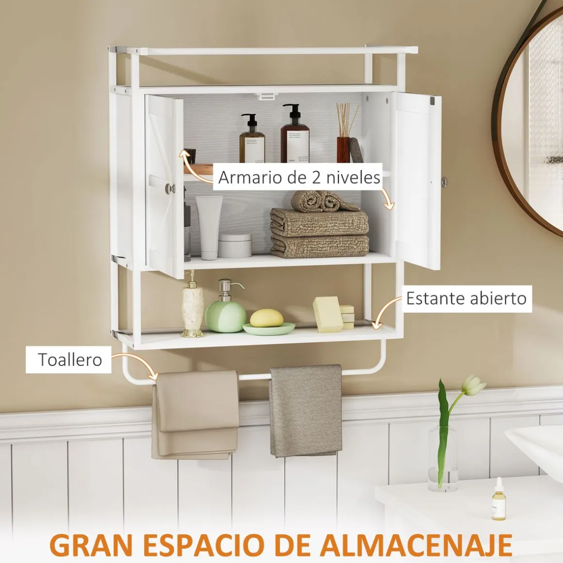 Armario de baño Positive Homcom 2 puertas con toallero blanco 75x63x34 cm