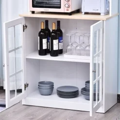 Armario de cocina Homcom estantes con puertas de cristal blanco/natural 183x80x37 cm