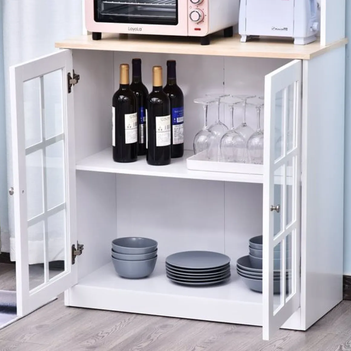 Armario de cocina Homcom estantes con puertas de cristal blanco/natural 183x80x37 cm