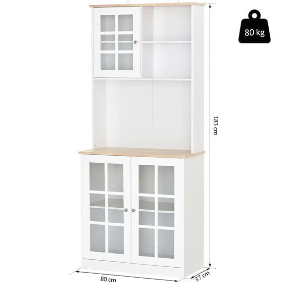 Armario de cocina Homcom estantes con puertas de cristal blanco/natural 183x80x37 cm