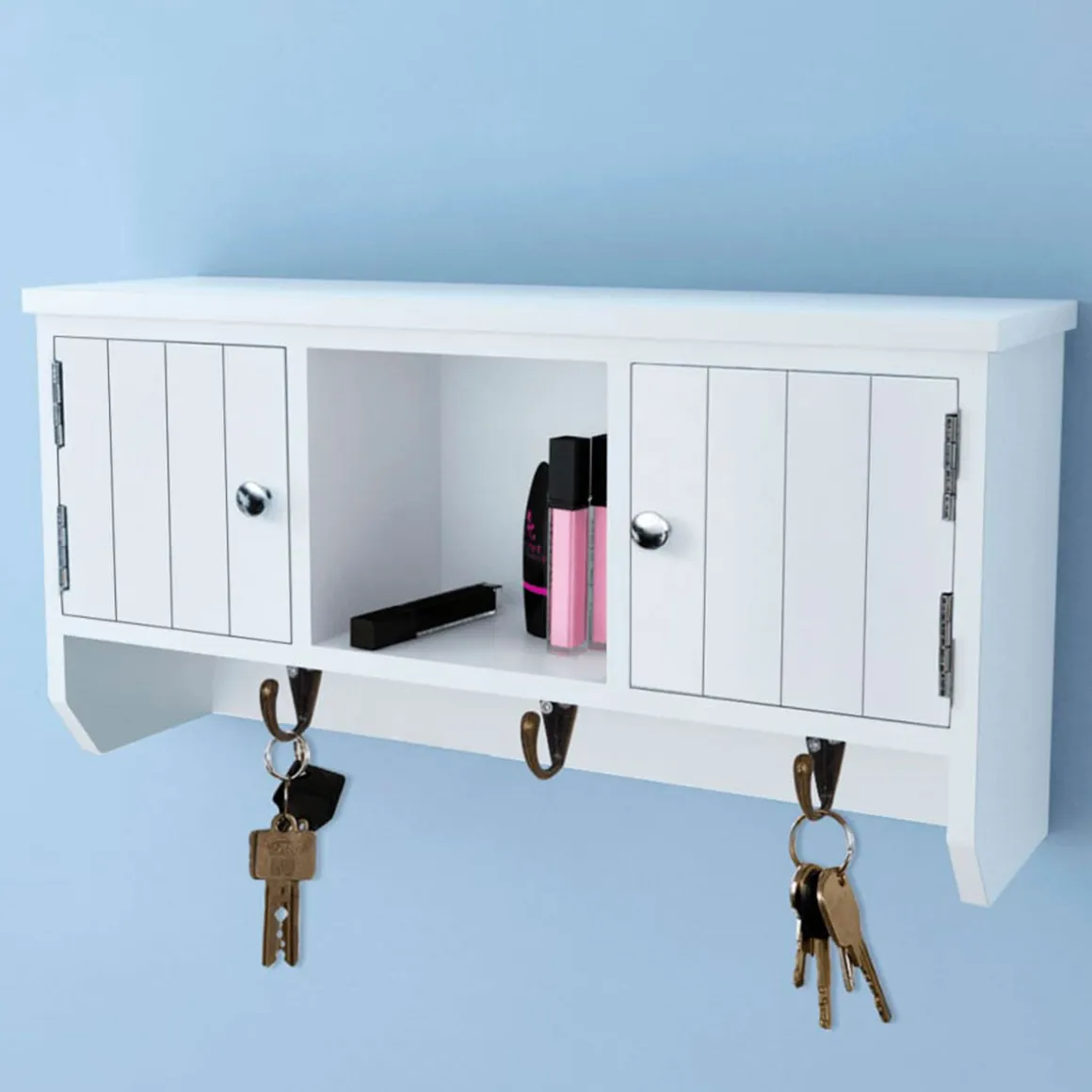 Armario de pared tipo recibidor 2 puertas 1 estante 3 ganchos blanco 20x40x8,5 cm