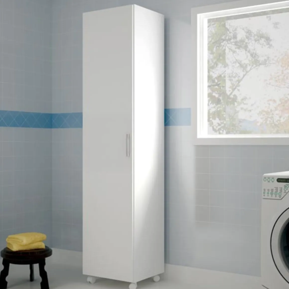 Armario escobero Oli 1 puerta + 3 estantes + ruedas blanco 185x41x41 cm