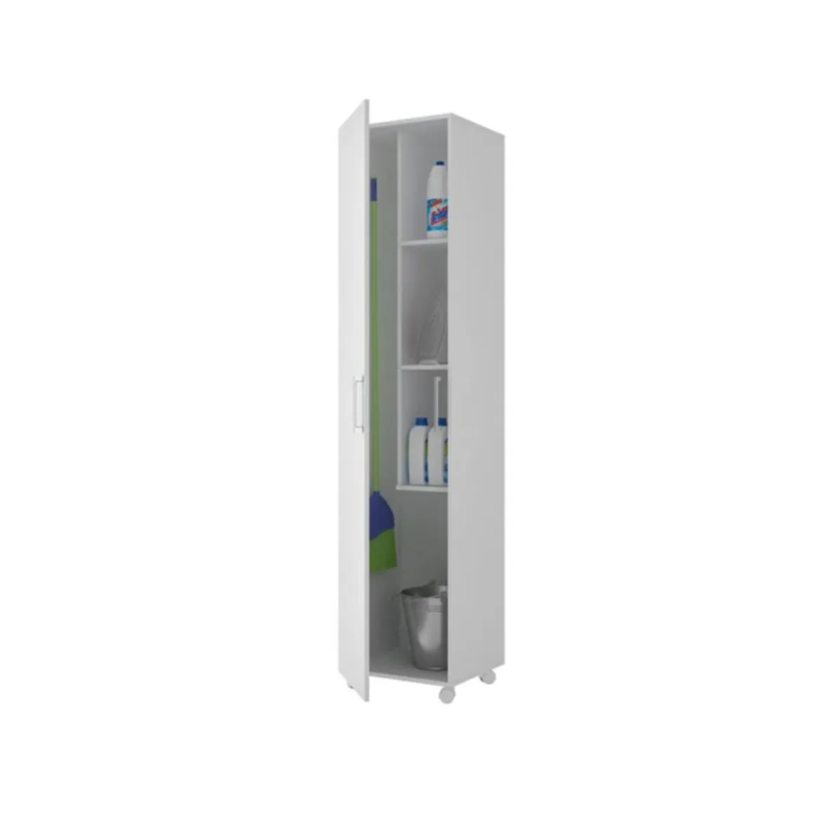 Armario escobero Oli 1 puerta + 3 estantes + ruedas blanco 185x41x41 cm