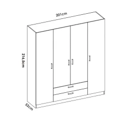 Armario Maxi 4 puertas + barra + 2 cajones + 9 compartimentos blanco 215x200x52 cm