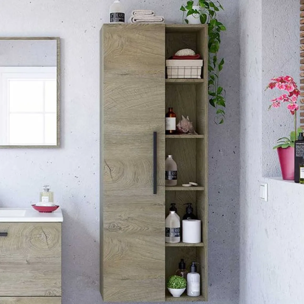Armario para baño Athena 1 puerta+estantes roble Alaska 135x51x25 cm