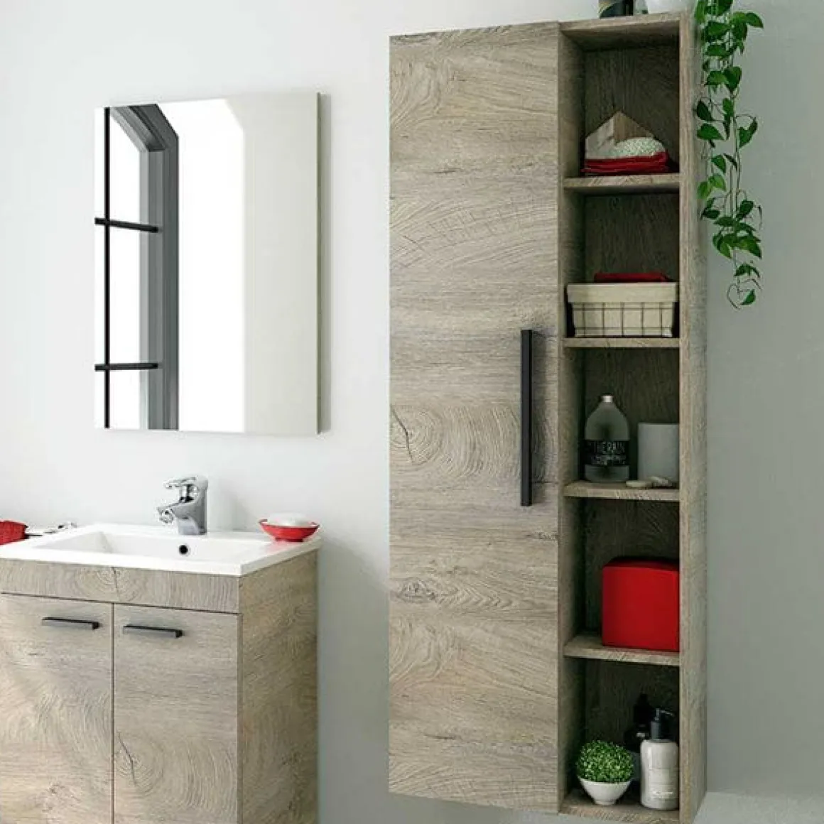 Armario para baño Athena 1 puerta+estantes roble Alaska 135x51x25 cm