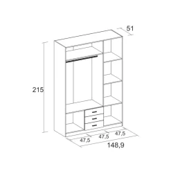 Armario Roma 3 puertas + 3 cajones con espejo 215x148,9x51 cm