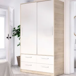 Armario Slide 2 puertas correderas + 4 cajones natural/blanco 204x120x60 cm