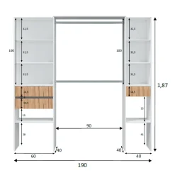 Armario vestidor Ethna 2 estanterías 3 cajones blanco/natural 187x190x40 cm